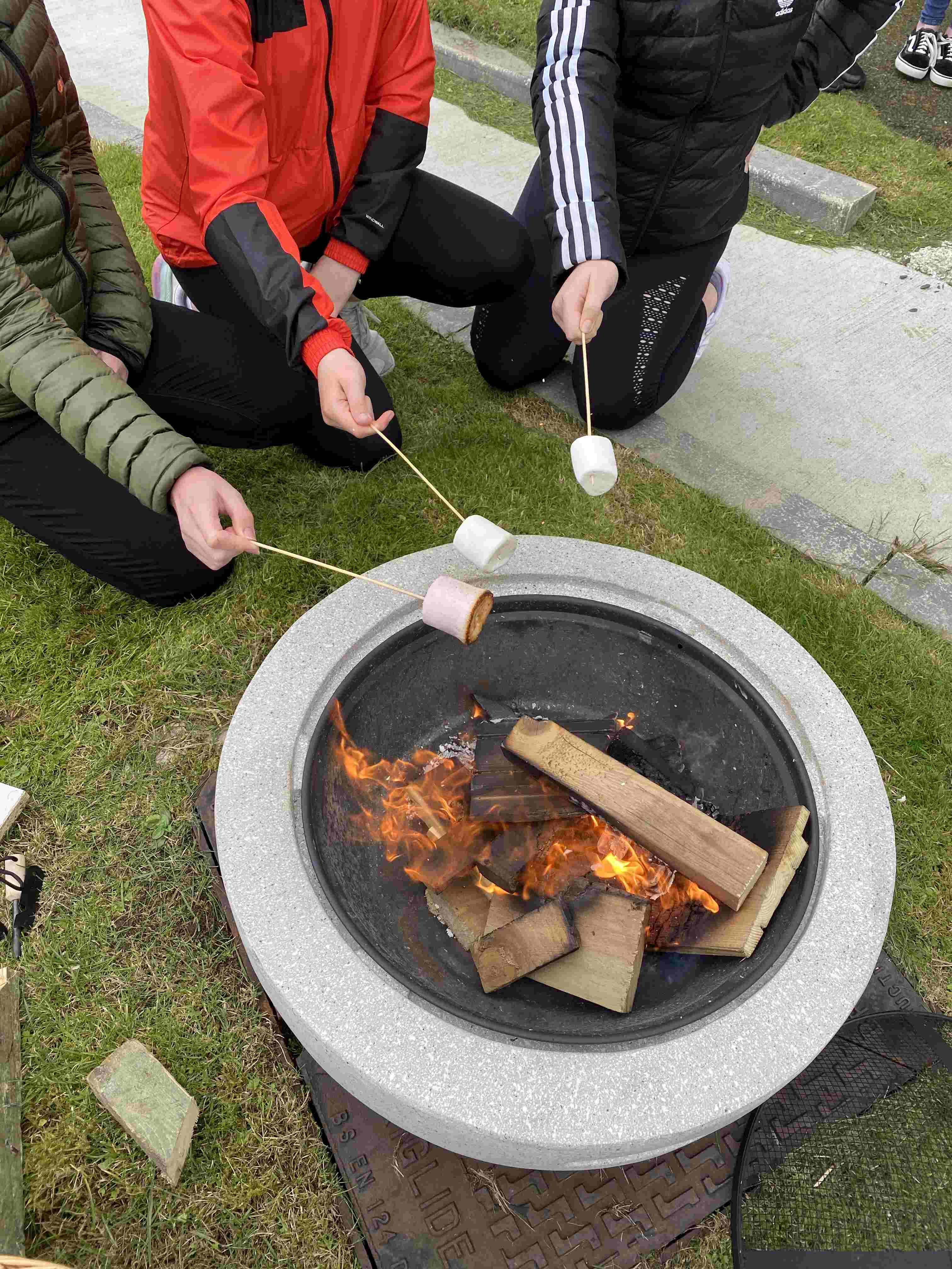 Toasting marshmallows at a fire pit