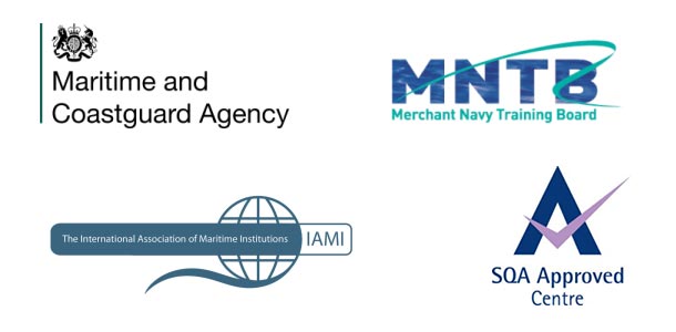 Logos - Maritime and Coastguard Agency, Merchant Navy Training Board, SQA Approved, International Association of Maritime Insitiutions