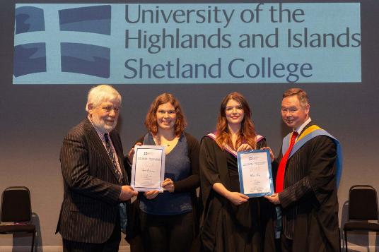 Deputy Principal of the University of the Highlands and Islands, Professor Crichton Lang, University of the Highlands and Islands Higher Education Student of the Year Rhea Kay and Shetland College Principal Willie Shannon.