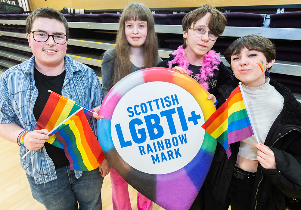 Students Daniel Hendry Cara Macleod Leon Dougan and Eva Delaye at an LGBT History Month event at UHI Inverness